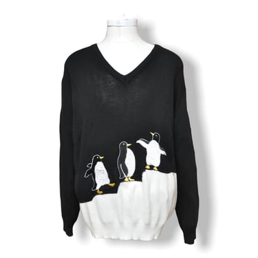 70s Vintage Cyn Les V-neck Sweater with Penguins Black and White Shirlee Designs L/XL Unisex Pullover Jumper 