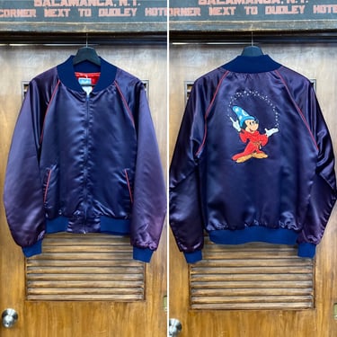 Vintage 1980’s Size L Mickey Mouse Disney Fantasia Satin Bomber Glam Roller Rink Jacket, 80’s Vintage Clothing 
