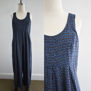 1990s Navy Printed Rayon Jumpsuit 