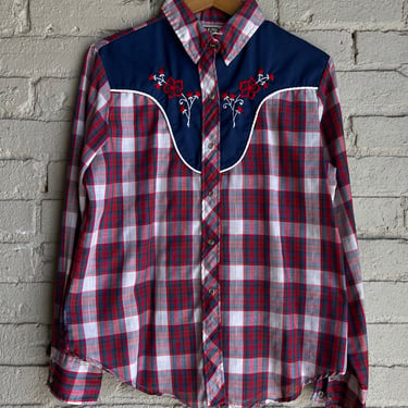 Med, 1970s Women's Western Shirt, Red Plaid Button Down, Vintage 