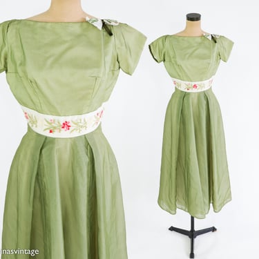 1950s Green Evening Dress | 50s Sage Green Chiffon Party Dress | Kay Selig | Medium 