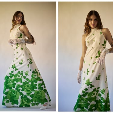 Vintage 1970s 70s Arpeja Circuit West Green Rose Floral High Neckline Glamorous Full Length Maxi Gown 