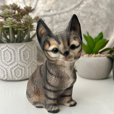 Vintage Porcelain Ceramic Kitten, Grey Stripe Tabby Cat, Figurine Sculptural Collectible, Cat Lover Gift 