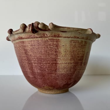 80's Vintage M. Polenberg  Art Pottery Bowl with Sculpted Rim and Abstract Design Interior 