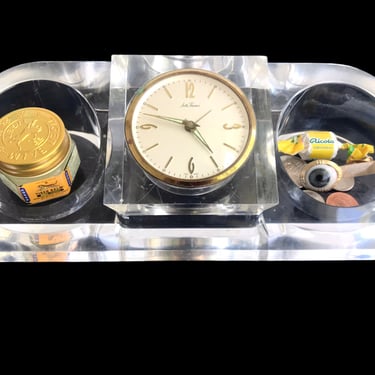 Mid-Century Lucite Seth Thomas Clock + Caddy | Made in Germany | Vintage Alarm Clock | Desk/Bedside Organizer Holder | Translucent & Brass 