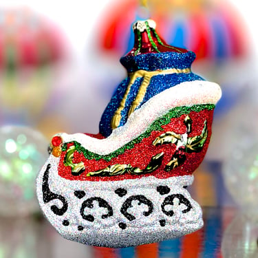 VINTAGE:  Blown Glass Figural Christmas Ornament - Santa with Sleigh - Mercury Ornament - SKU 00040178 