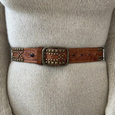 Vintage 1970s Womens Brown Tan Studded Floral Tooled Western Hippie Belt Sz 26 