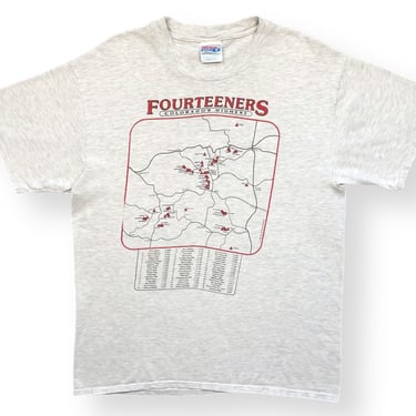 Vintage 90s Fourteeners “Colorado’s Highest” Graphic Mountain Elevation Map T-Shirt Size Large 