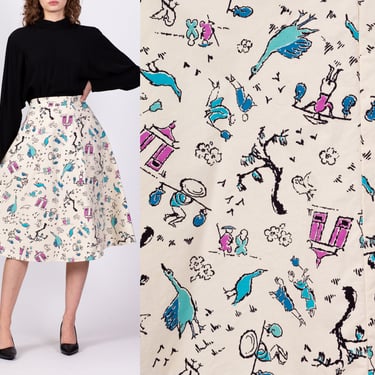 60s Novelty Bird Print Skirt - Medium, 30" | Vintage Boho White Midi Skirt 