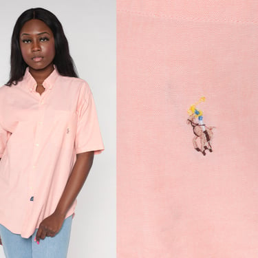 Polo Ralph Lauren Shirt 90s Pink Button up Shirt Basic Collared Short Sleeve Preppy Shirt Retro RLP Plain Casual Vintage 1990s Mens Large 20 