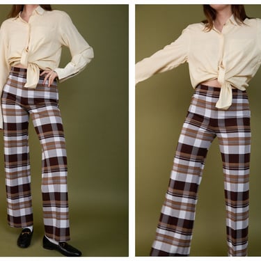 Vintage 1970s 70s Brown Checkered High Waisted Flare Leg Stretch Pants Trousers 