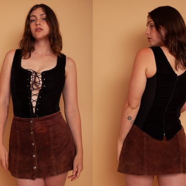 Vintage 80s Brown Suede High Waisted Clasp Button Up Mini Skirt 