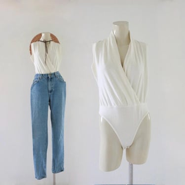 off white wrap bodysuit - m - vintage 90s soft womens sleeveless minimal shirt top tank size medium 