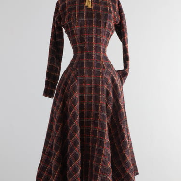 Classic Early 1950’s Anne Fogarty Wool Window Pane Plaid Dress / SM