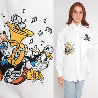 90s Disney Shirt White Button Up Mickey Mouse Donald Duck Goofy Orchestra Band Conductor Cartoon Kawaii Long Sleeve Vintage 1990s Small S 