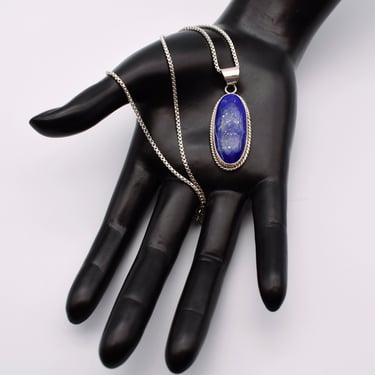 70's lapis lazuli 925 silver long oval pendant, vibrant blue stone sterling hippie necklace 