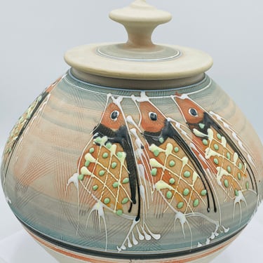 Original Signed Studio Art Large lidded container Jar- Raised Fish Design Glazed Interior 