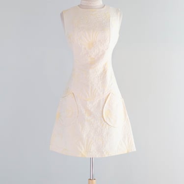 Adorable 1960's Butter Yellow Brocade Mod Shift Dress With Pockets / SM