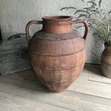 19th C Pottery Jug, Olive Jar, Redware Slip, Rustic Stoneware, Terra Cotta, Vase, Urn, Rustic European Farmhouse, Farm Table 