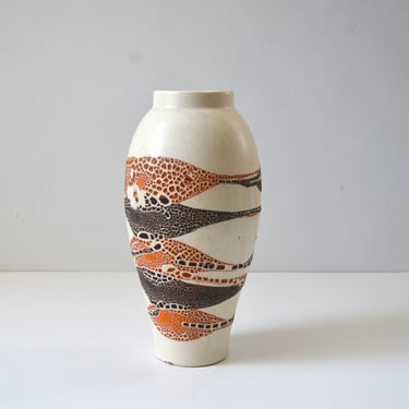 Mid Century Haeger Earth Wrap 11" Pottery Vase in Cream with Orange and Brown 