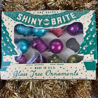 Vintage Miniature Christmas Tree Ornament set of 12, Shiny Brite Conical Set, Package Ties, Center Pieces, Table Trees, Sprays, Cupcakes 