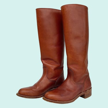 Vintage Frye Boots 1990s Retro Size 6.5 + Preppy + Campus 14L + Reddish-Brown + Leather + Knee High + Pull On + Stacked Heel + Womens Shoes 