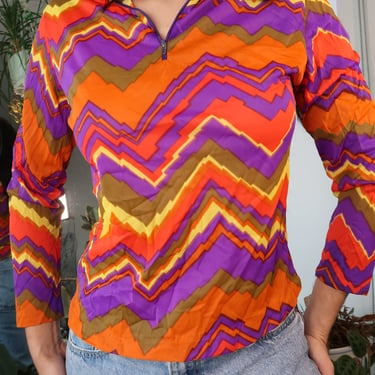 Vintage 70s Orange and Purple Funky Pattern Quarter Zip