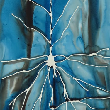 Indigo Pyramidal Neuron - original ink painting on yupo of brain cell - neuroscience art 
