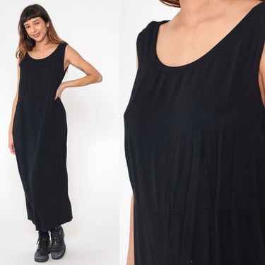 Long Black Dress 90s Maxi Dress Sleeveless Tank Dress Retro Simple Plain Basic Casual Grunge High Waist Full Length Vintage 1990s Large L 