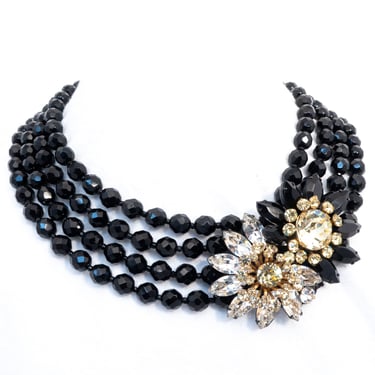 Miriam Haskell Black Rhinestone Flowers Necklace