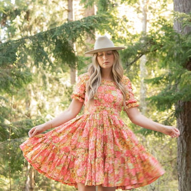 60's 70s Country Square Dance Dress, Floral Peach Puff Sleeve Full Skirt Prairie Dress, Small 