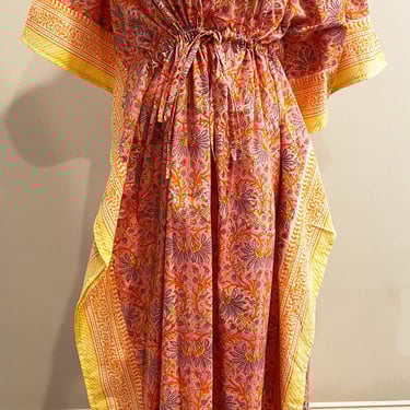Block Print Border Kaftan, Beach Coverup, Long Cotton Caftan, Summer Kaftan, Hand Block Printed Dress, One Size Kaftan Dress, India Dress 