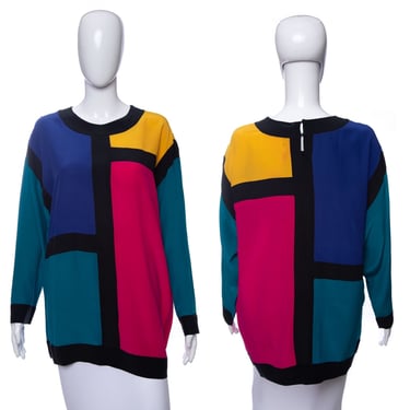 1990's Spenser Jeremy Long Sleeve Color Block Silk Blouse Size L