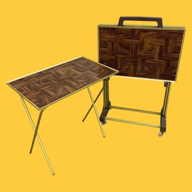 Vintage TV Trays and Rack Retro 1960s Mid Century Modern + Brown Woodgrain + Rectangular Tops + Gold Metal + 5 Piece Set + Television Trays 