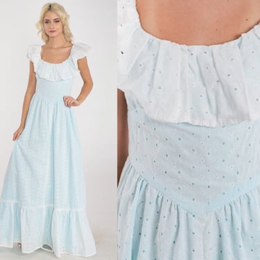 70s Prairie Gown Eyelet Lace Maxi Dress Light Blue Ruffled High Basque Waist Boho Western Cottagecore Formal Prom Vintage 1970s Small S 
