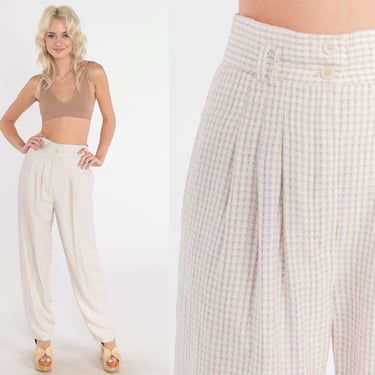 Checkered Trousers 80s Pleated Pants High Waisted Rise Tapered Leg Pants Retro Plaid Preppy Slacks Woven Off-White Vintage 1980s Small S 26 