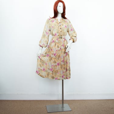 Vintage 80s Yellow Khaki Pink Floral Pleated Skater Boho Dress Long Puffed Sleeves With Belt Front Buttons Size S UK 10 