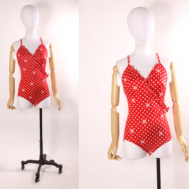 1970s Red and White Floral Criss Cross Back Polka Dot Ruffle One Piece Swimsuit by JCPenney -S 