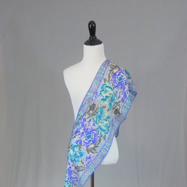 Vintage Long Vera Scarf - Floral Purple Blue Gray White - Designer Vera Neumann - about 53