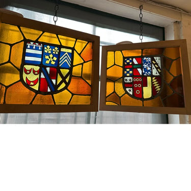 Pair of Mexican Stained and Leaded Glass Coat of Arms Windows