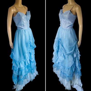 Victorian Inspired Vintage 1980s Sky Blue Nylon Taffeta & White Lace Southern Belle Princess Dress - size XS Extra Small 