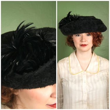 1910s Hat - Fantastic Fuzzy Mohair Edwardian Tricorn Hat with Bird of Paradise Feathers 