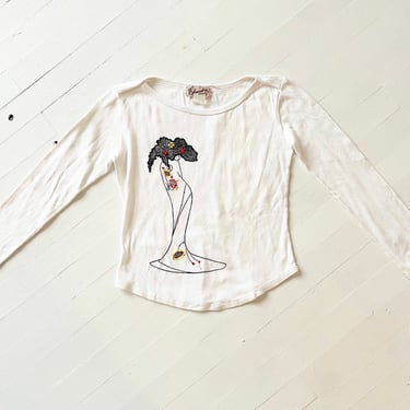 1970s Audrey Beardsley Embroidered Lady Print White Cotton Long Sleeve Tee 