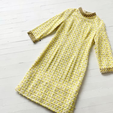 1960s Embellished Lemon Yellow Shift Dress 