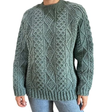 Vintage Womens Hand Knit Teal Green Wool Oversized Cable Irish Fisherman Sz XL 