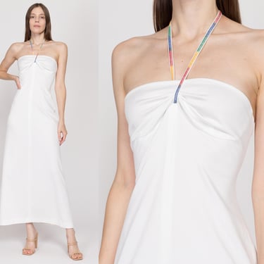 XS-Sm 70s White Rainbow Trim Halter Maxi Dress | Vintage Boho Summer Disco Sundress 