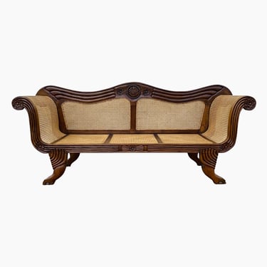 Colonial Style Sofa With Carved Teak Wood, Cane Rattan, Rolled Arms & Paw Feet - Royal Regency Antique Style Furniture Loveseat Settee Bench 