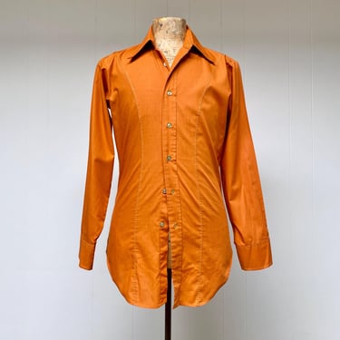 Vintage 1970s Orange Dress Shirt, 70s Mach ll by Arrow Fitted Curved Seam Hipster Shirt, Medium 40