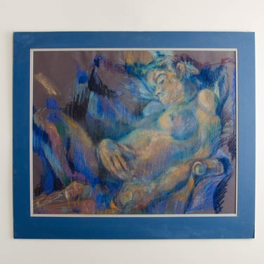 Vintage Wood Glass Framed Abstract Contemporary Figurative Abstract Oil Pastel Painting Drawing by Lara Minassian 1990s 
