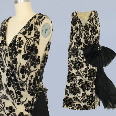 1920s Dress / 20s Burnout Velvet Gown / Black Silk Chiffon Side Drape 